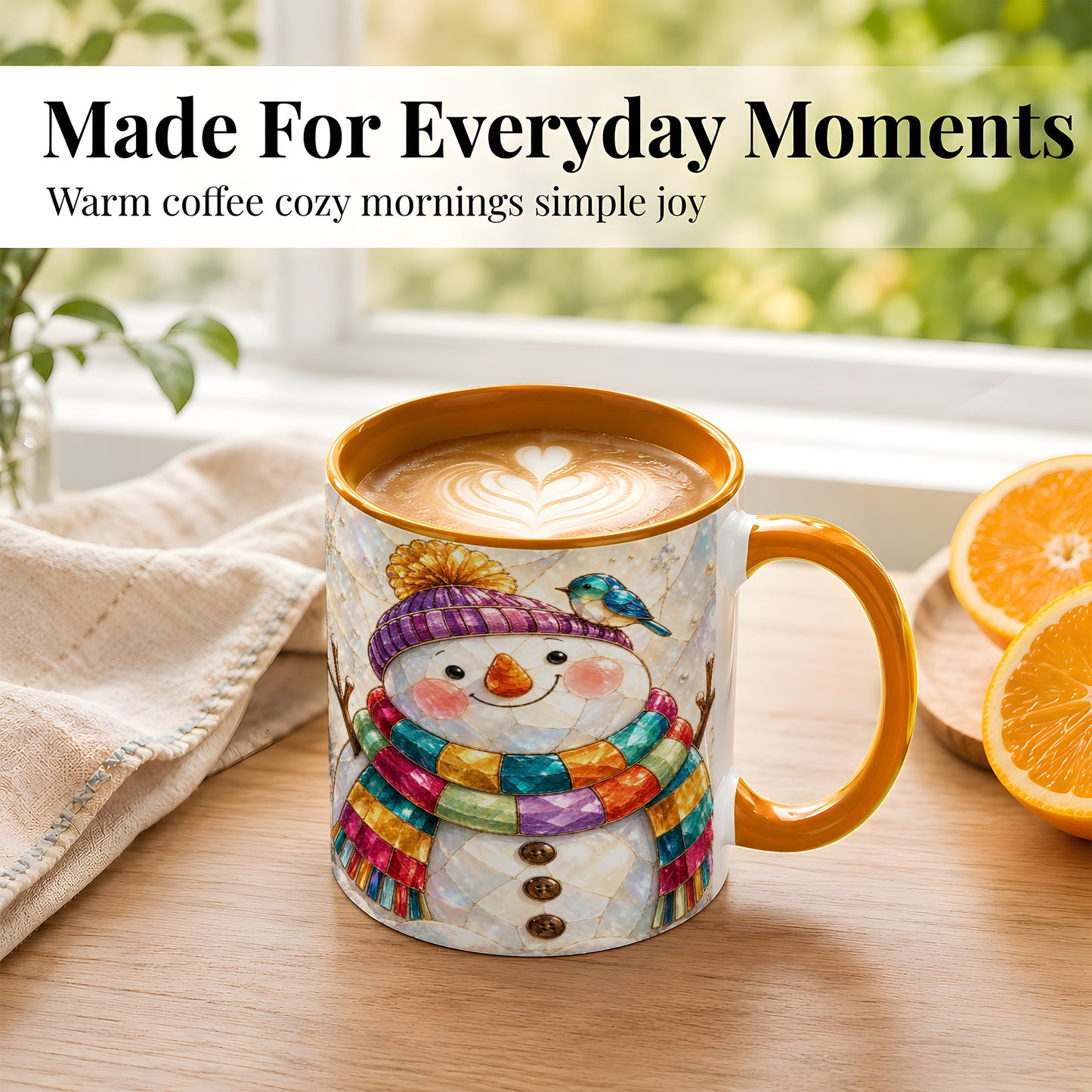 #pl[11oz|Orange] Rainbow Snowman Coffee Mug, Winter Bird Mug, Ceramic Cup