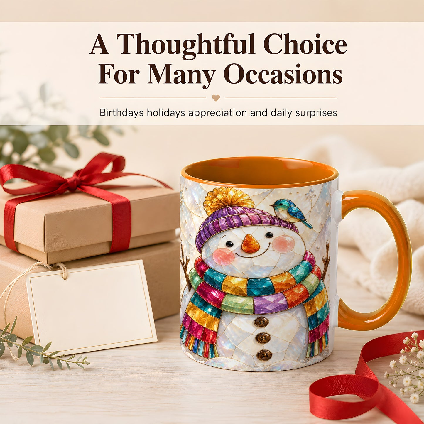 #pl[11oz|Orange] Rainbow Snowman Coffee Mug, Winter Bird Mug, Ceramic Cup