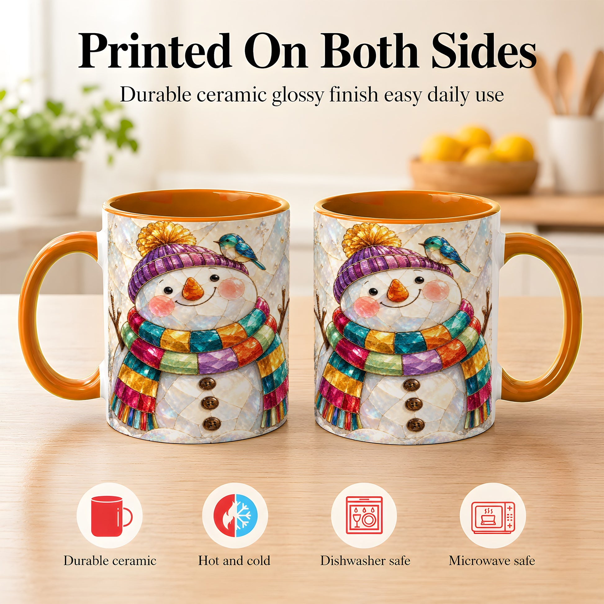 #pl[11oz|Orange] Rainbow Snowman Coffee Mug, Winter Bird Mug, Ceramic Cup