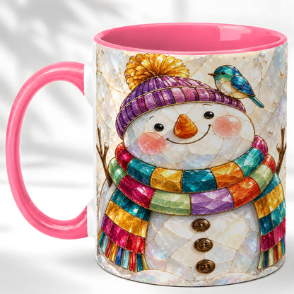 #pl[11oz|Pink] Rainbow Snowman Coffee Mug, Winter Bird Mug, Ceramic Cup