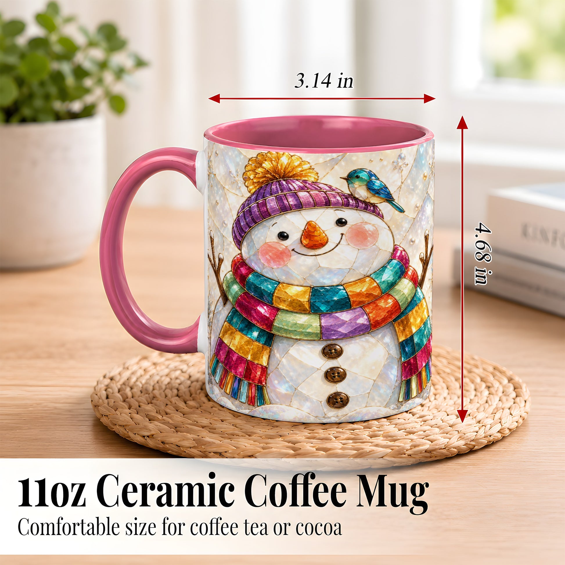 #pl[11oz|Pink] Rainbow Snowman Coffee Mug, Winter Bird Mug, Ceramic Cup
