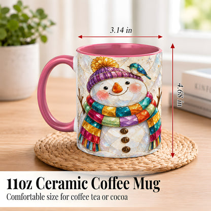 #pl[11oz|Pink] Rainbow Snowman Coffee Mug, Winter Bird Mug, Ceramic Cup