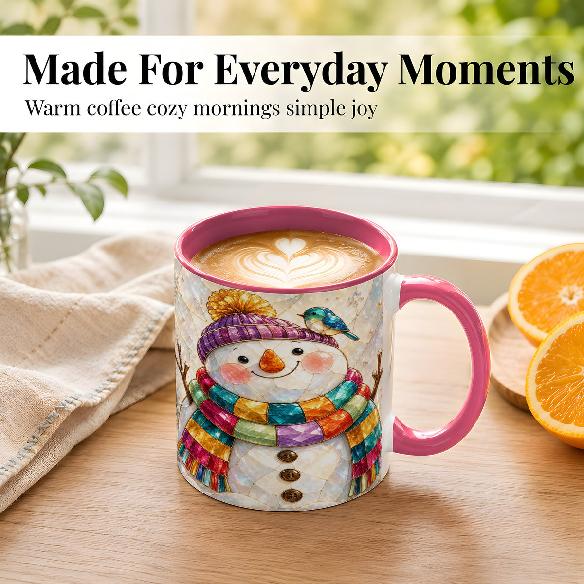 #pl[11oz|Pink] Rainbow Snowman Coffee Mug, Winter Bird Mug, Ceramic Cup