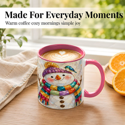 #pl[11oz|Pink] Rainbow Snowman Coffee Mug, Winter Bird Mug, Ceramic Cup