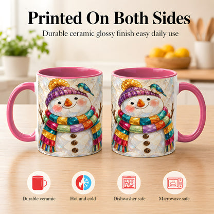#pl[11oz|Pink] Rainbow Snowman Coffee Mug, Winter Bird Mug, Ceramic Cup