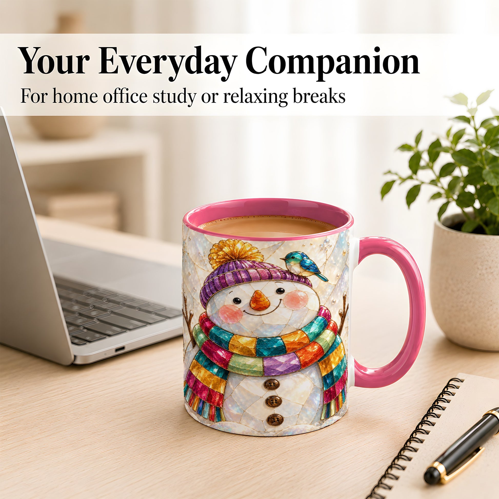 #pl[11oz|Pink] Rainbow Snowman Coffee Mug, Winter Bird Mug, Ceramic Cup