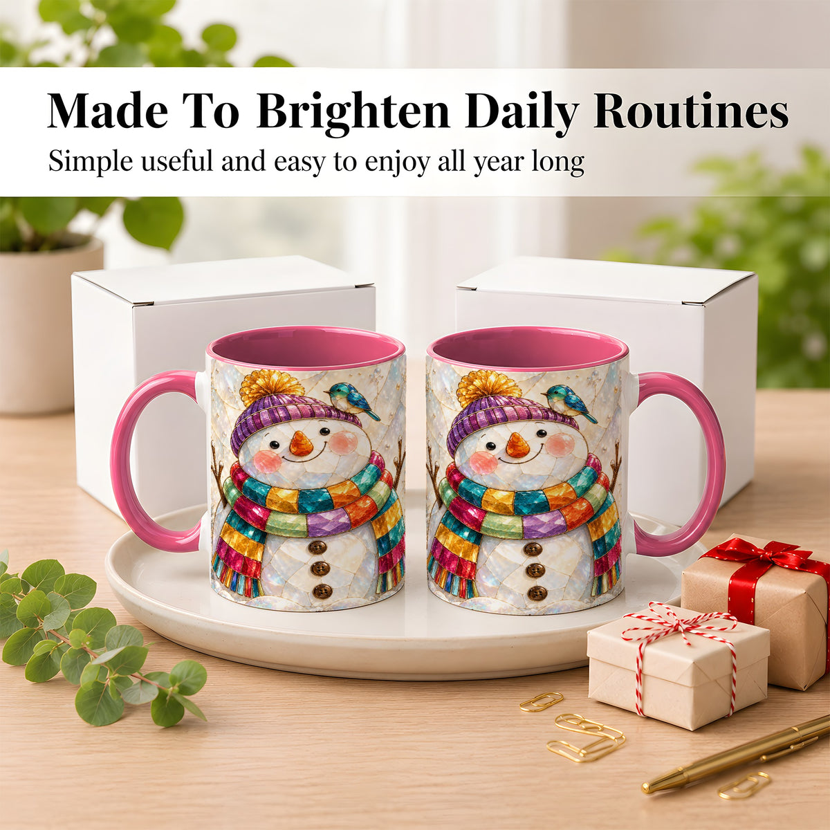 #pl[11oz|Pink] Rainbow Snowman Coffee Mug, Winter Bird Mug, Ceramic Cup