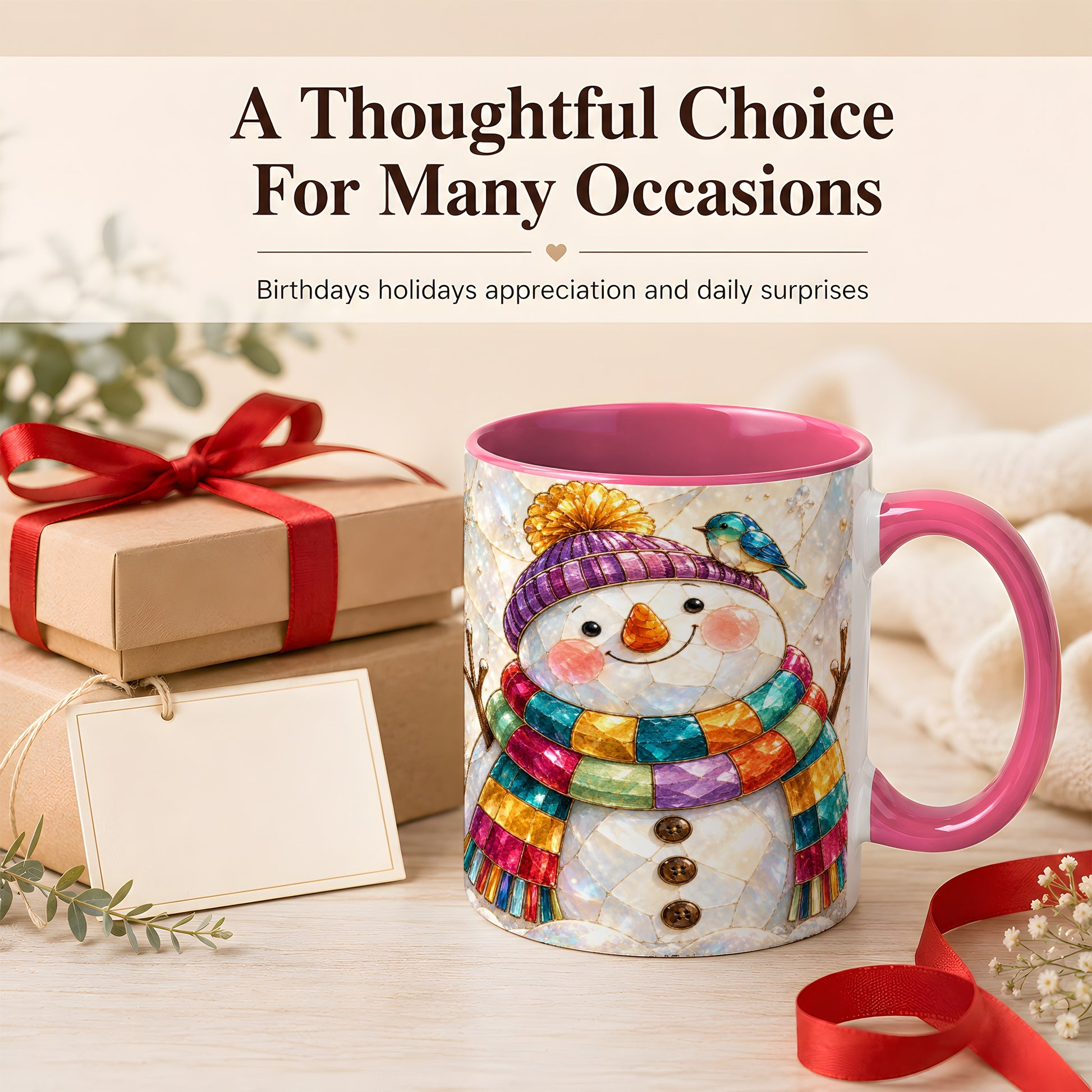 #pl[11oz|Pink] Rainbow Snowman Coffee Mug, Winter Bird Mug, Ceramic Cup