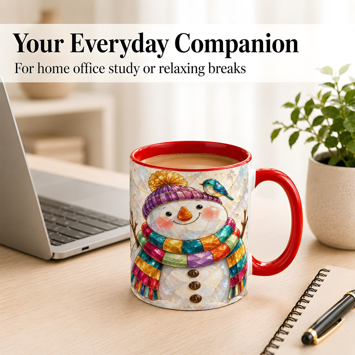 #pl[11oz|Red] Rainbow Snowman Coffee Mug, Winter Bird Mug, Ceramic Cup