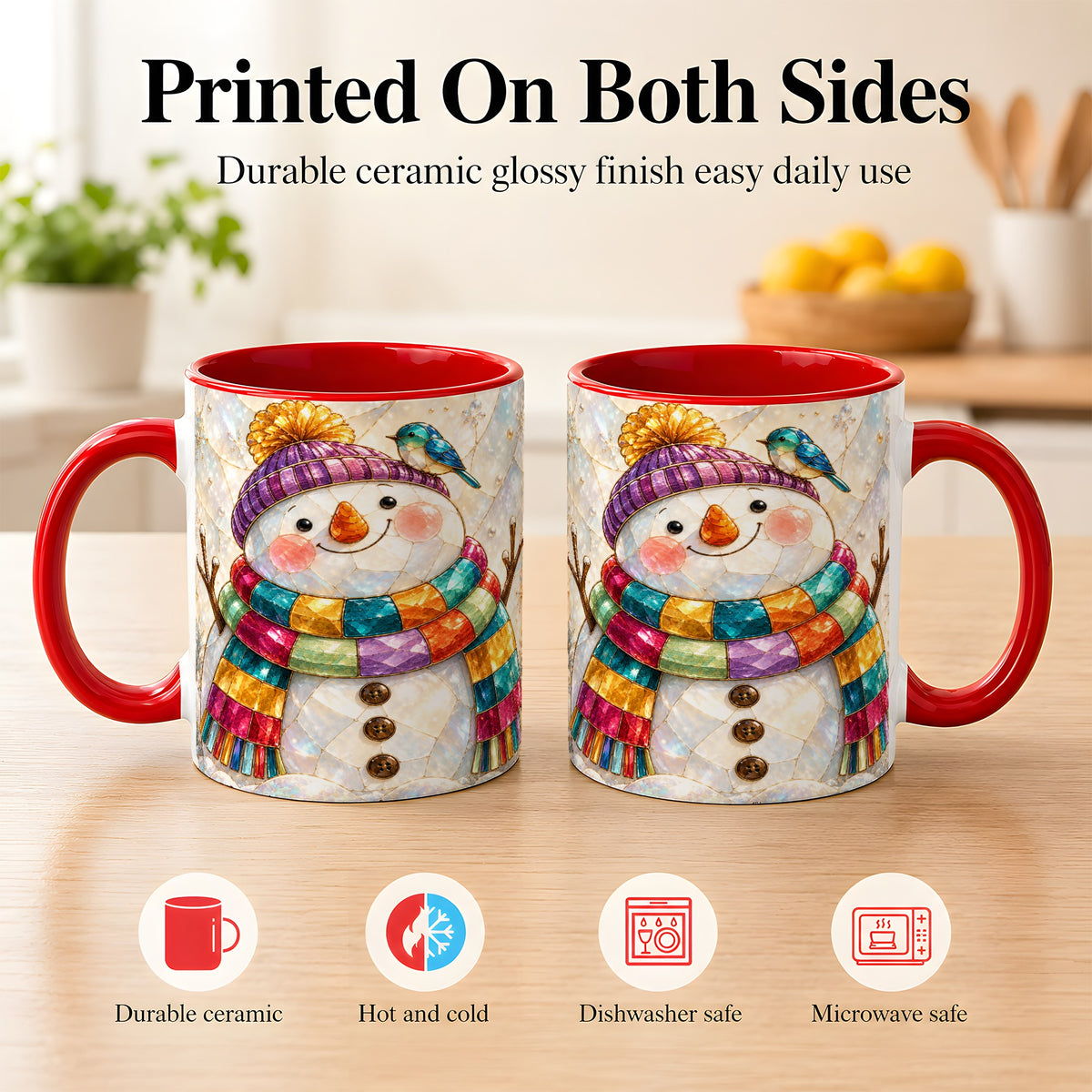 #pl[11oz|Red] Rainbow Snowman Coffee Mug, Winter Bird Mug, Ceramic Cup