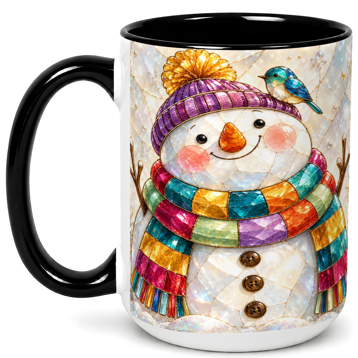 #pl[15oz|Black] Rainbow Snowman Coffee Mug, Winter Bird Mug, Ceramic Cup