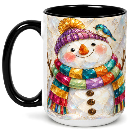 #pl[15oz|Black] Rainbow Snowman Coffee Mug, Winter Bird Mug, Ceramic Cup