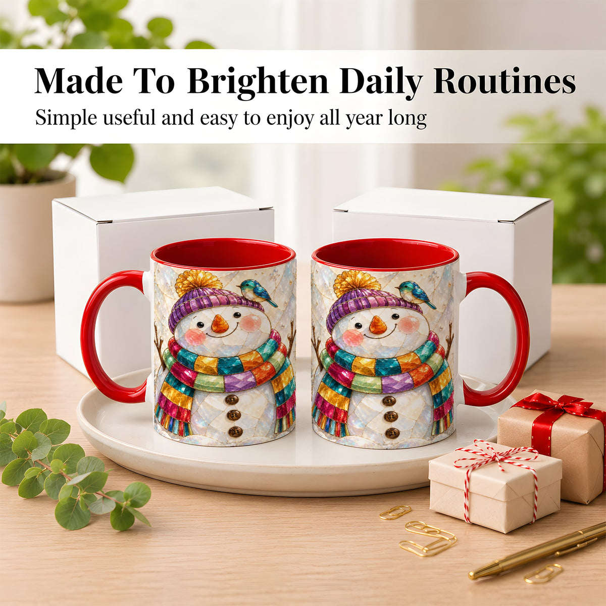 #pl[11oz|Red] Rainbow Snowman Coffee Mug, Winter Bird Mug, Ceramic Cup