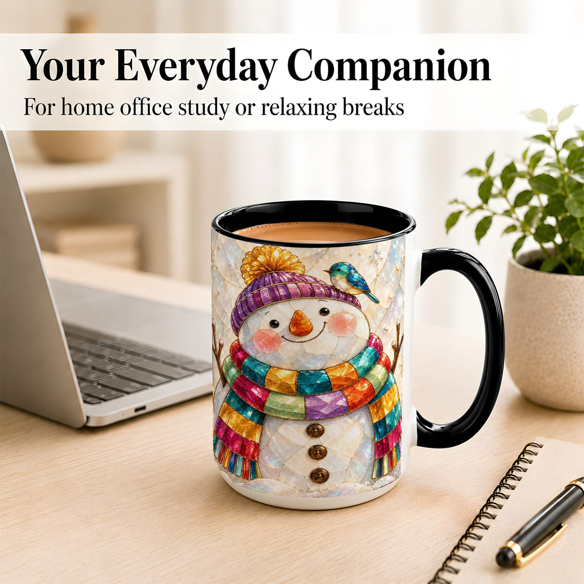 #pl[15oz|Black] Rainbow Snowman Coffee Mug, Winter Bird Mug, Ceramic Cup