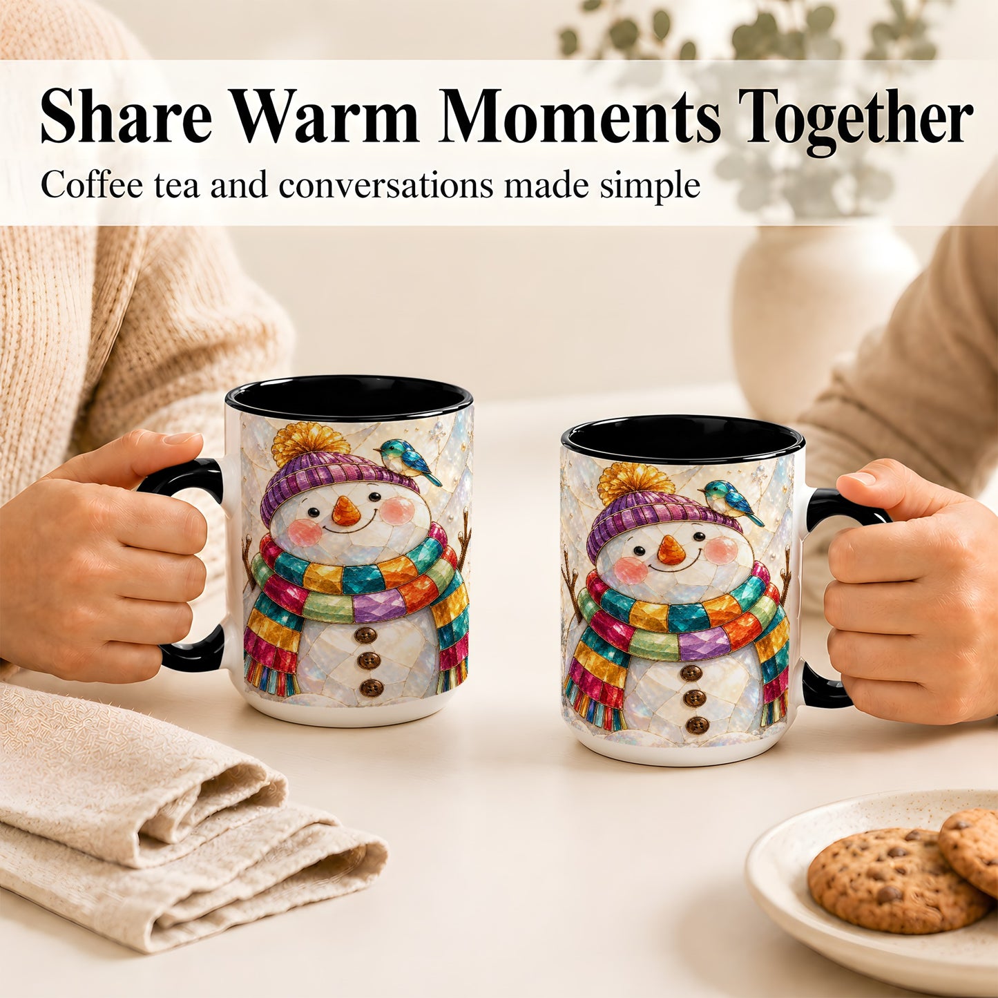 #pl[15oz|Black] Rainbow Snowman Coffee Mug, Winter Bird Mug, Ceramic Cup