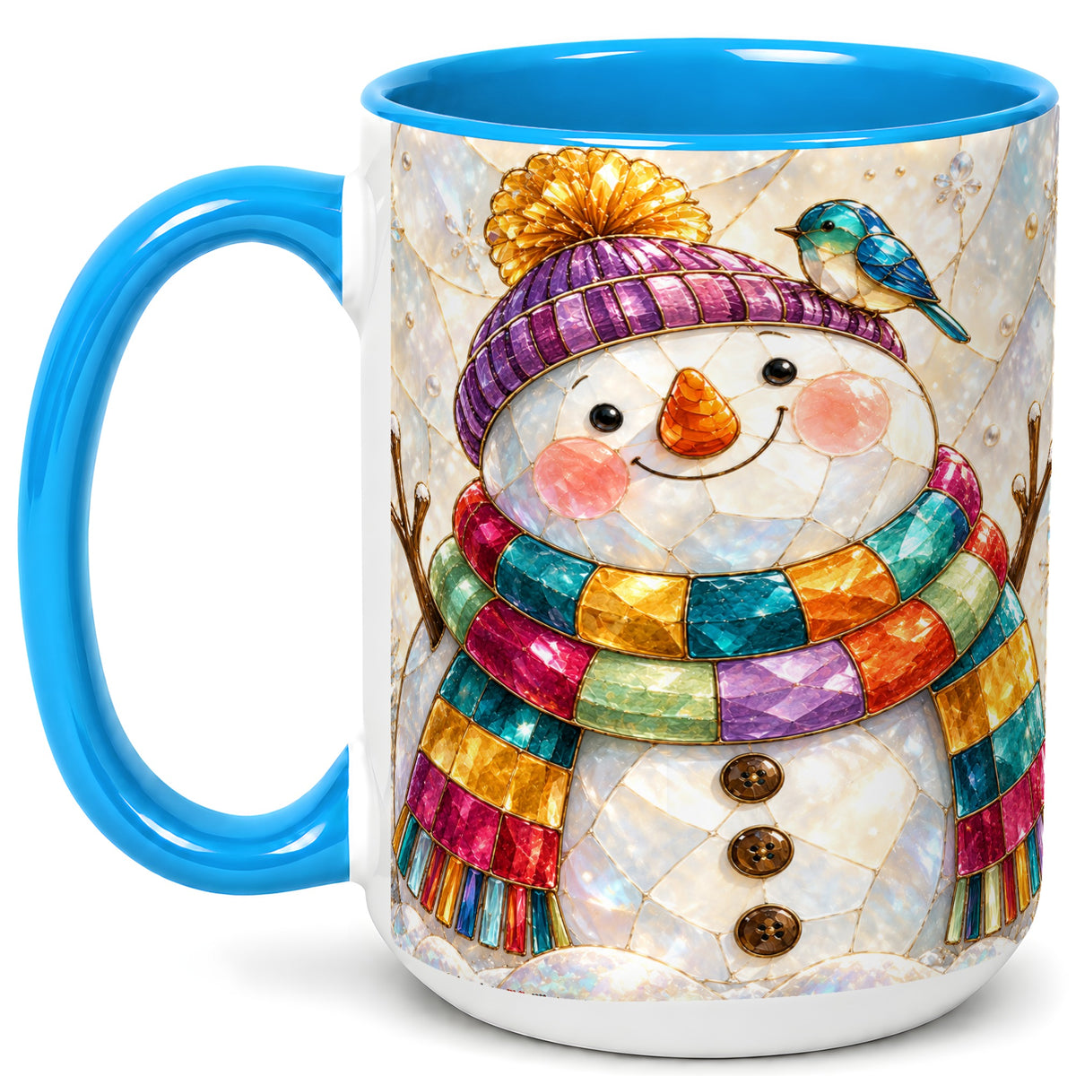 #pl[15oz|Blue] Rainbow Snowman Coffee Mug, Winter Bird Mug, Ceramic Cup
