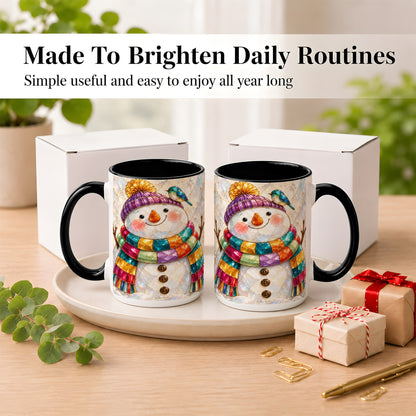 #pl[15oz|Black] Rainbow Snowman Coffee Mug, Winter Bird Mug, Ceramic Cup