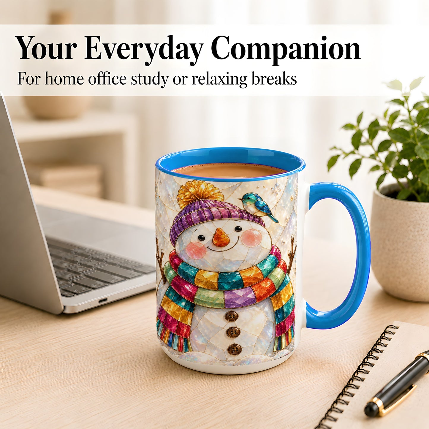 #pl[15oz|Blue] Rainbow Snowman Coffee Mug, Winter Bird Mug, Ceramic Cup