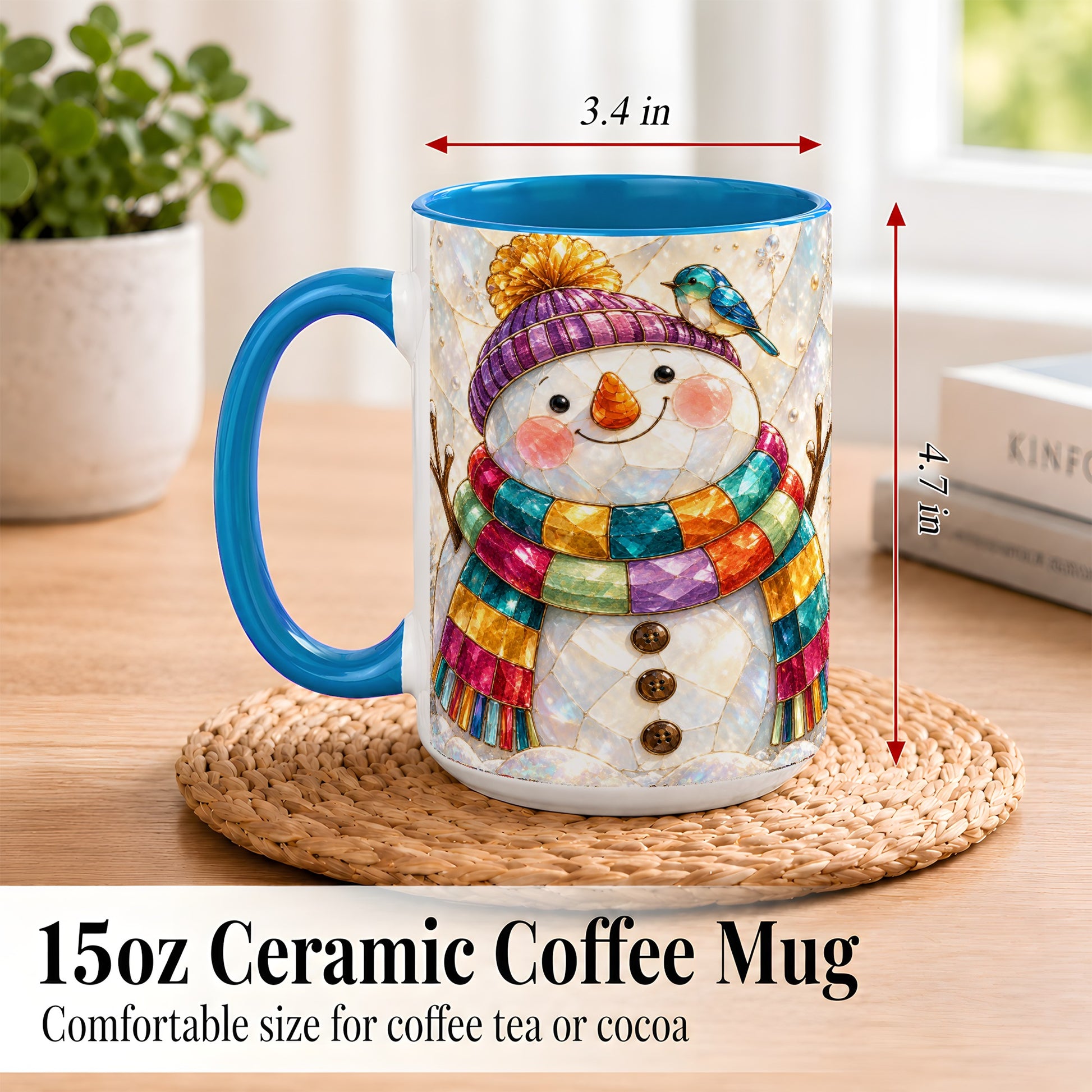 #pl[15oz|Blue] Rainbow Snowman Coffee Mug, Winter Bird Mug, Ceramic Cup