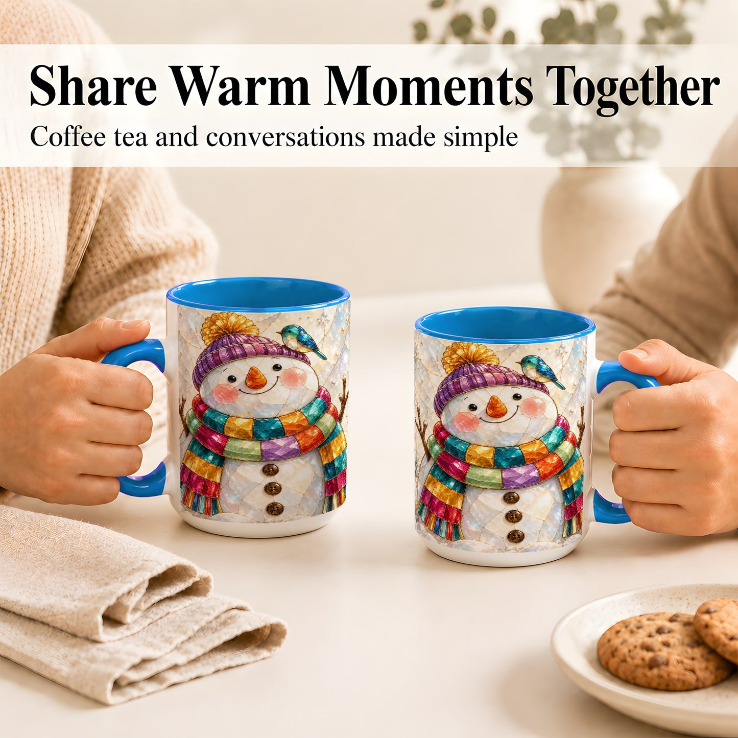 #pl[15oz|Blue] Rainbow Snowman Coffee Mug, Winter Bird Mug, Ceramic Cup