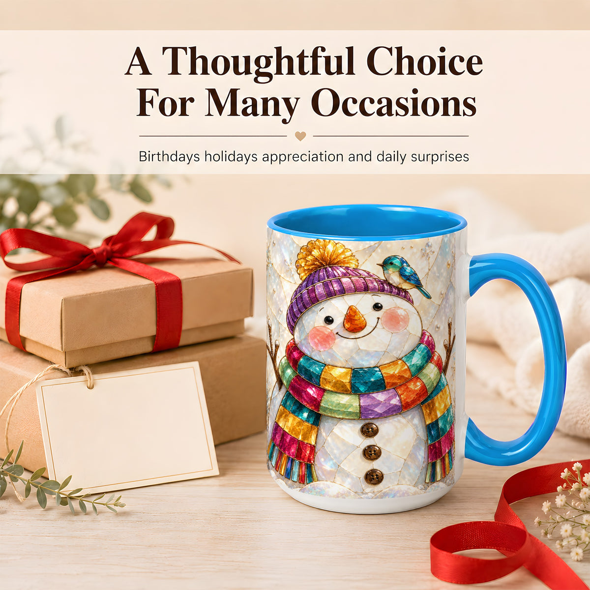 #pl[15oz|Blue] Rainbow Snowman Coffee Mug, Winter Bird Mug, Ceramic Cup