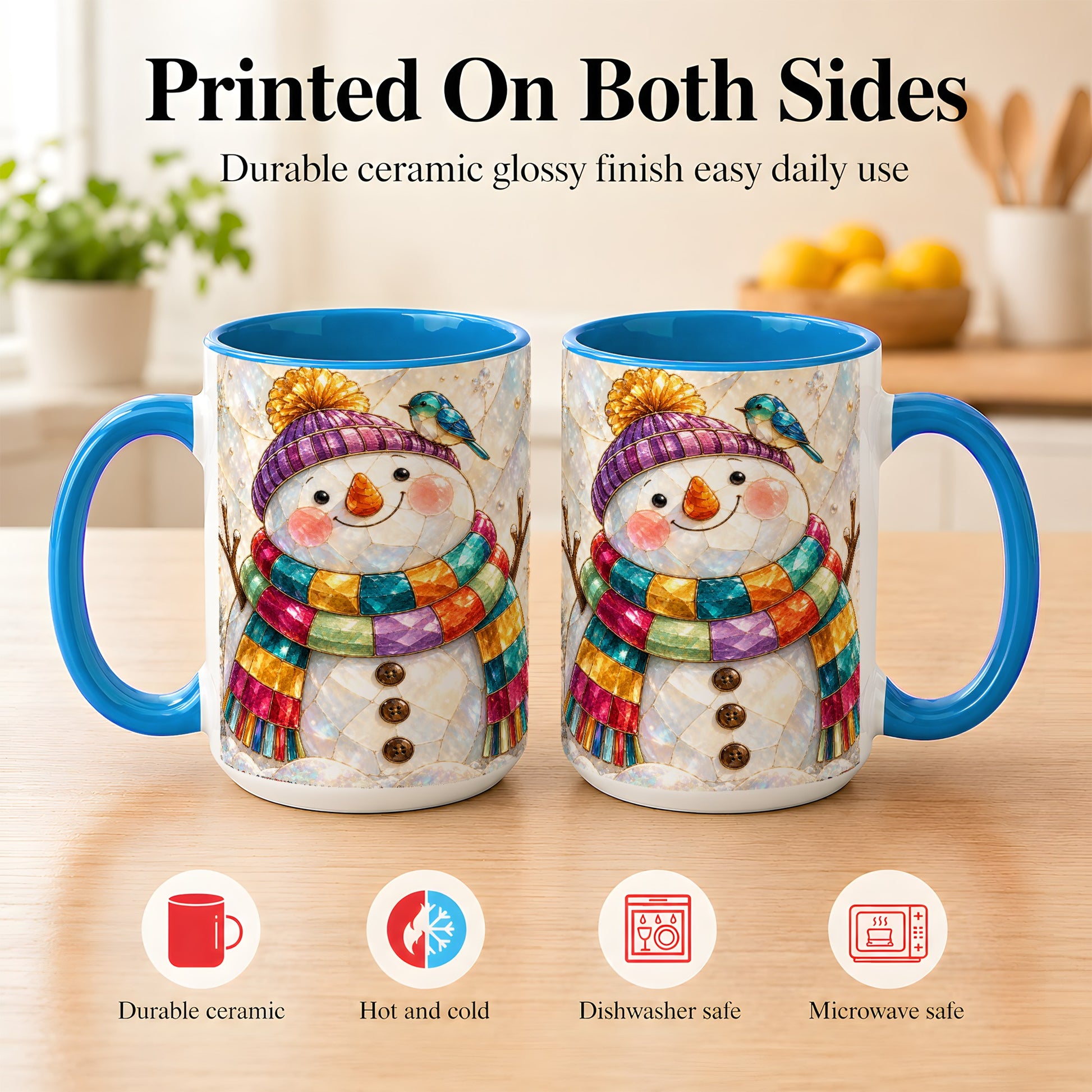 #pl[15oz|Blue] Rainbow Snowman Coffee Mug, Winter Bird Mug, Ceramic Cup