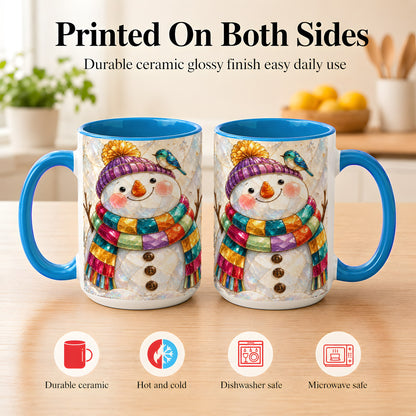 #pl[15oz|Blue] Rainbow Snowman Coffee Mug, Winter Bird Mug, Ceramic Cup