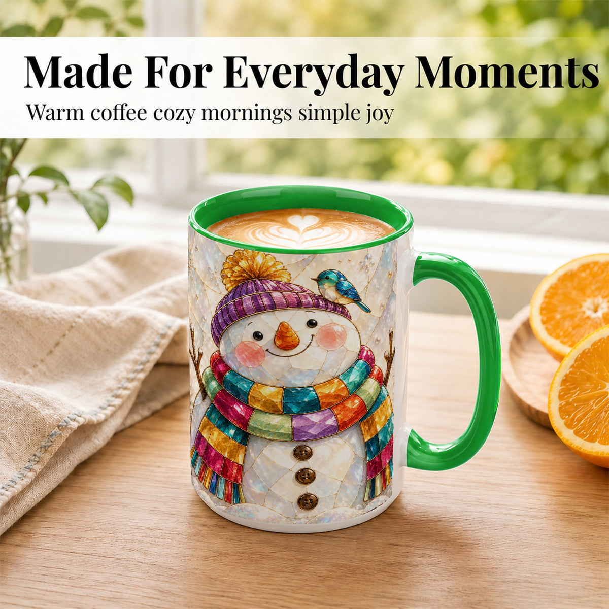 #pl[15oz|Green] Rainbow Snowman Coffee Mug, Winter Bird Mug, Ceramic Cup