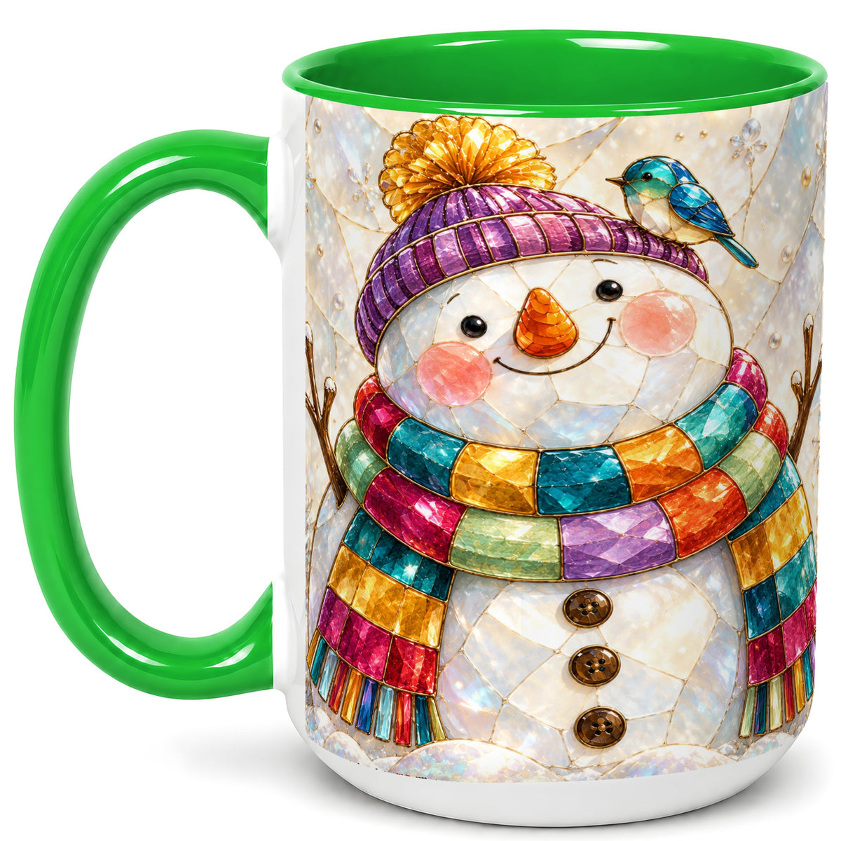 #pl[15oz|Green] Rainbow Snowman Coffee Mug, Winter Bird Mug, Ceramic Cup