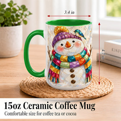 #pl[15oz|Green] Rainbow Snowman Coffee Mug, Winter Bird Mug, Ceramic Cup