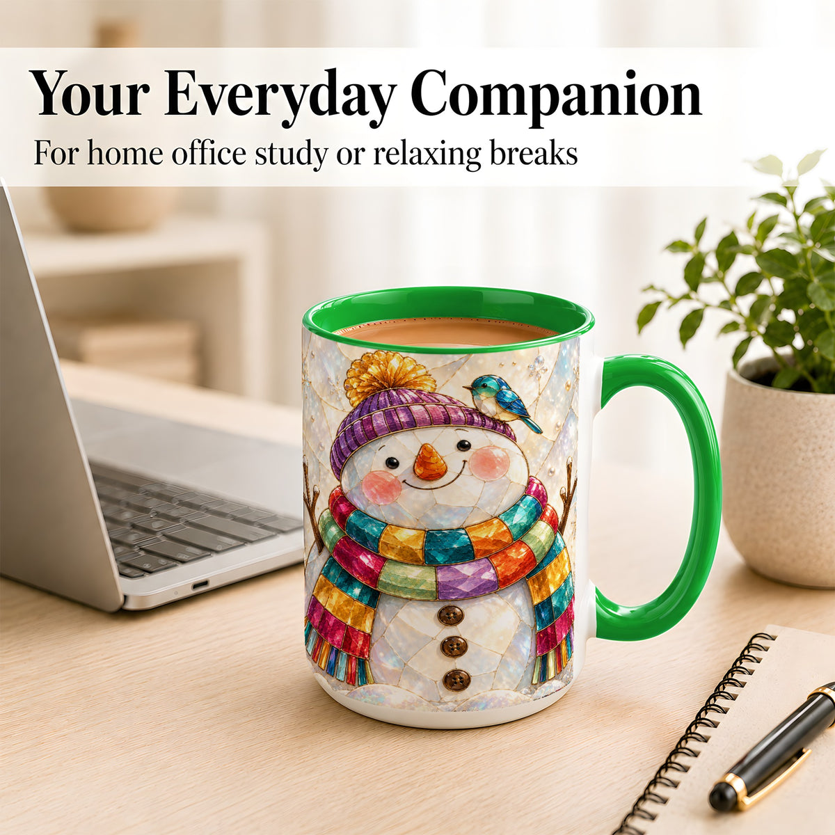 #pl[15oz|Green] Rainbow Snowman Coffee Mug, Winter Bird Mug, Ceramic Cup
