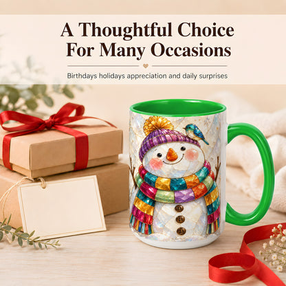 #pl[15oz|Green] Rainbow Snowman Coffee Mug, Winter Bird Mug, Ceramic Cup