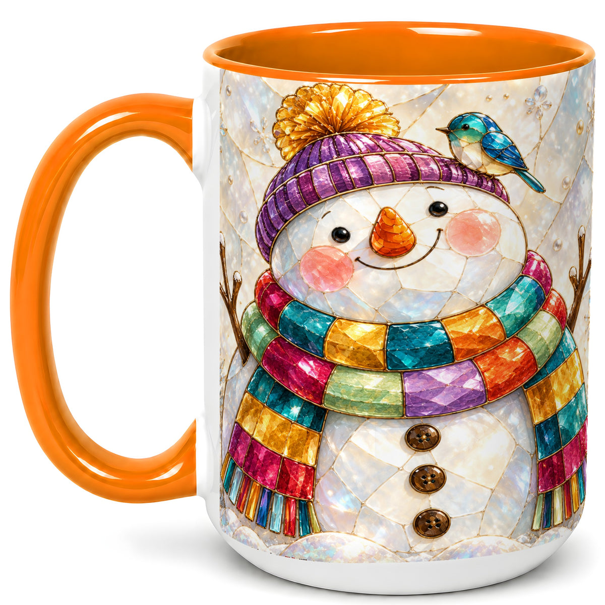 #pl[15oz|Orange] Rainbow Snowman Coffee Mug, Winter Bird Mug, Ceramic Cup
