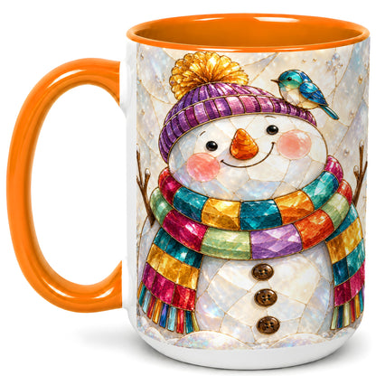 #pl[15oz|Orange] Rainbow Snowman Coffee Mug, Winter Bird Mug, Ceramic Cup