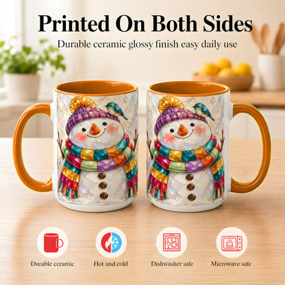 #pl[15oz|Orange] Rainbow Snowman Coffee Mug, Winter Bird Mug, Ceramic Cup