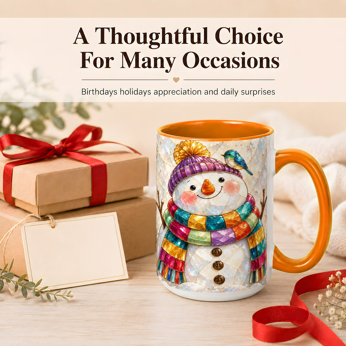 #pl[15oz|Orange] Rainbow Snowman Coffee Mug, Winter Bird Mug, Ceramic Cup