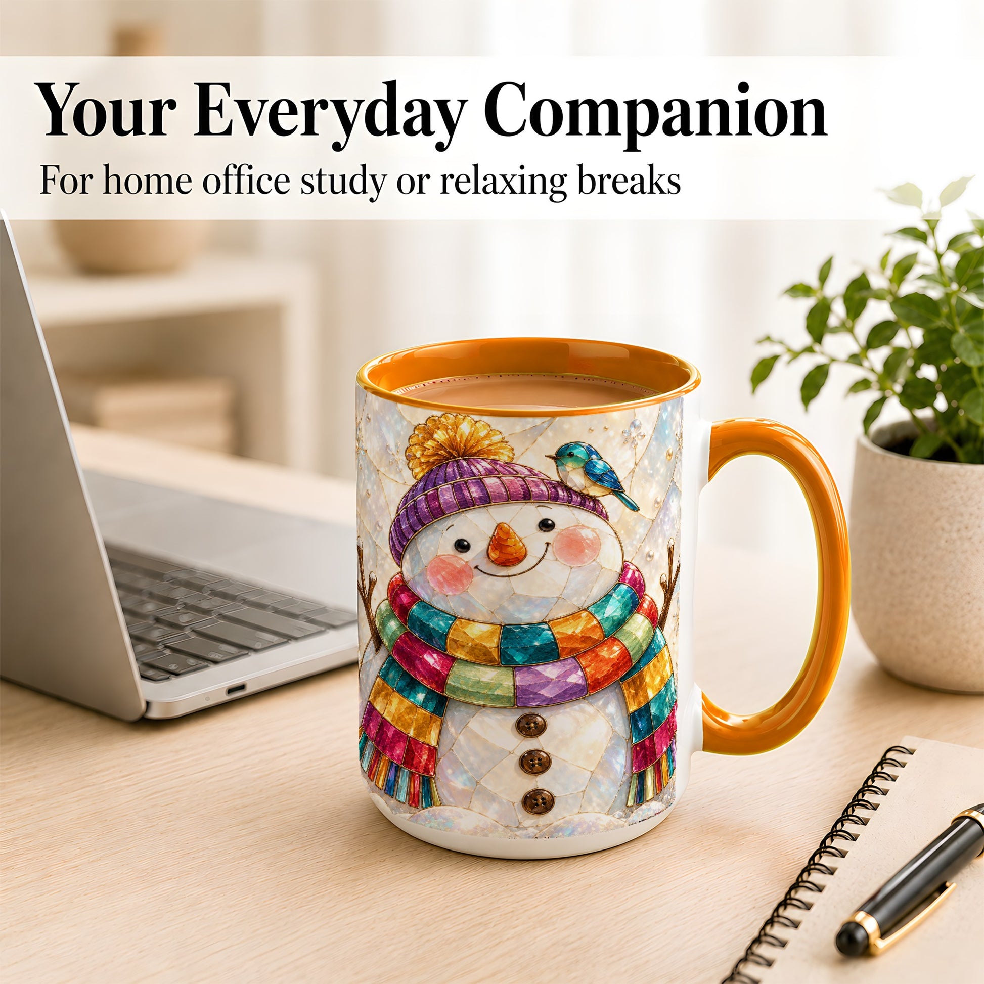 #pl[15oz|Orange] Rainbow Snowman Coffee Mug, Winter Bird Mug, Ceramic Cup