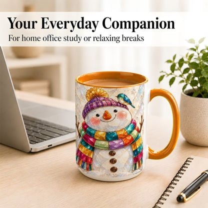 #pl[15oz|Orange] Rainbow Snowman Coffee Mug, Winter Bird Mug, Ceramic Cup