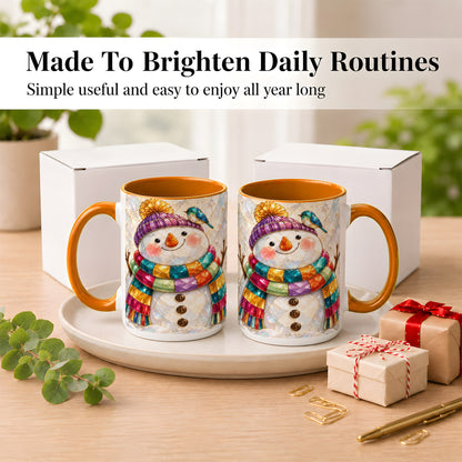 #pl[15oz|Orange] Rainbow Snowman Coffee Mug, Winter Bird Mug, Ceramic Cup