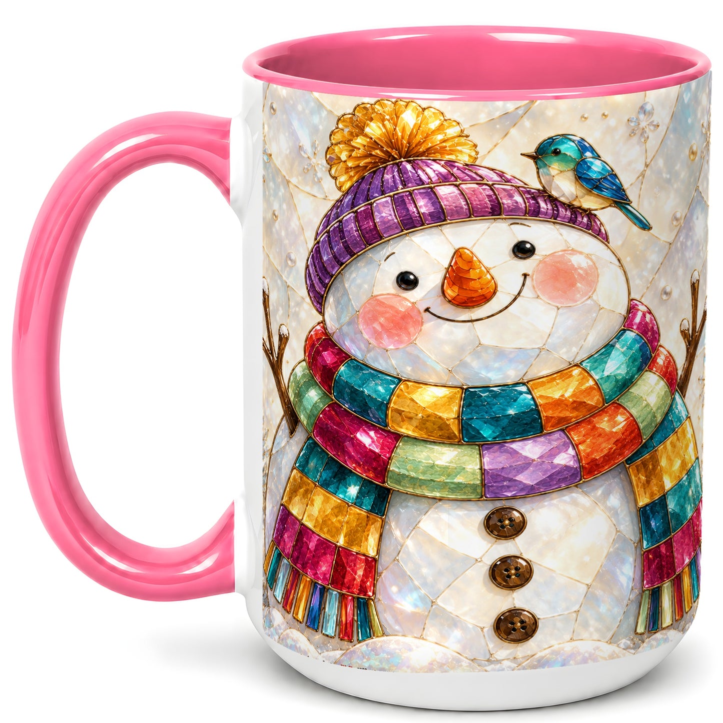 #pl[15oz|Pink] Rainbow Snowman Coffee Mug, Winter Bird Mug, Ceramic Cup