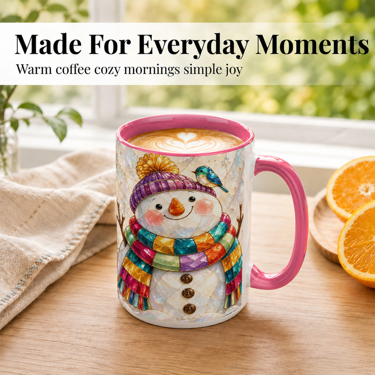 #pl[15oz|Pink] Rainbow Snowman Coffee Mug, Winter Bird Mug, Ceramic Cup
