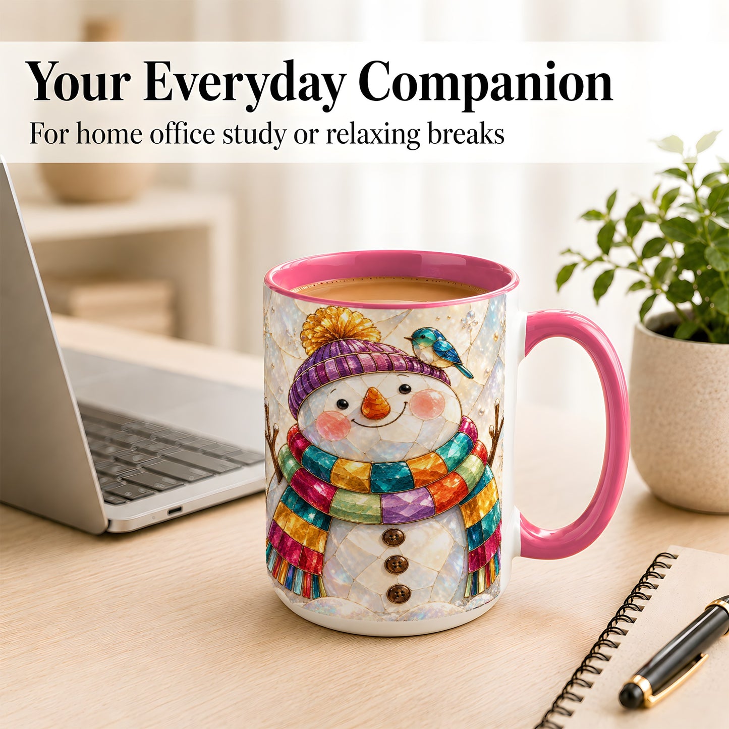 #pl[15oz|Pink] Rainbow Snowman Coffee Mug, Winter Bird Mug, Ceramic Cup
