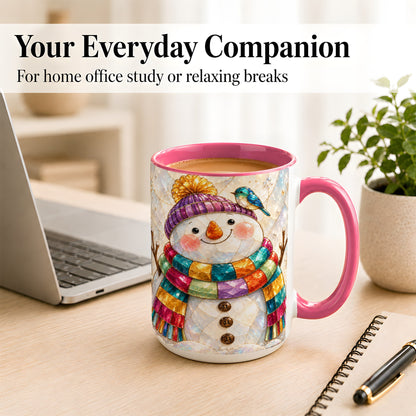 #pl[15oz|Pink] Rainbow Snowman Coffee Mug, Winter Bird Mug, Ceramic Cup