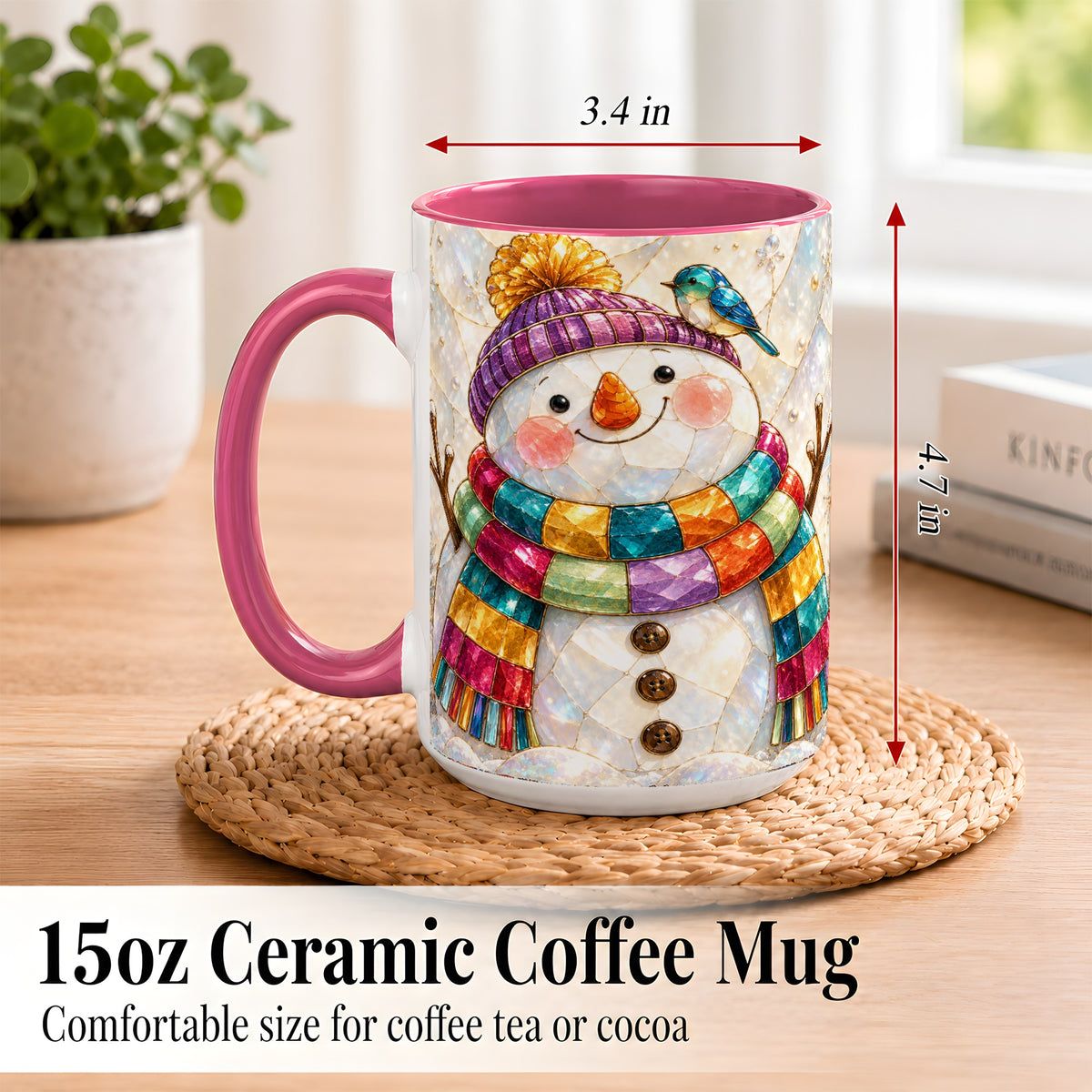 #pl[15oz|Pink] Rainbow Snowman Coffee Mug, Winter Bird Mug, Ceramic Cup