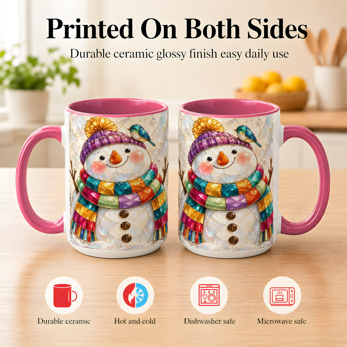 #pl[15oz|Pink] Rainbow Snowman Coffee Mug, Winter Bird Mug, Ceramic Cup