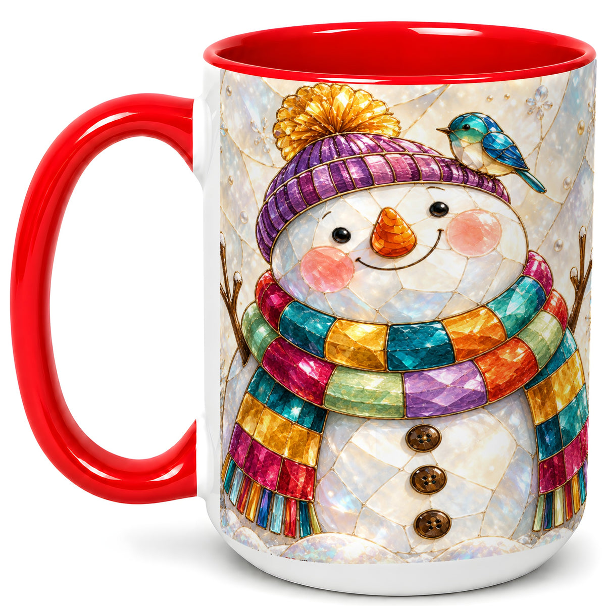 #pl[15oz|Red] Rainbow Snowman Coffee Mug, Winter Bird Mug, Ceramic Cup