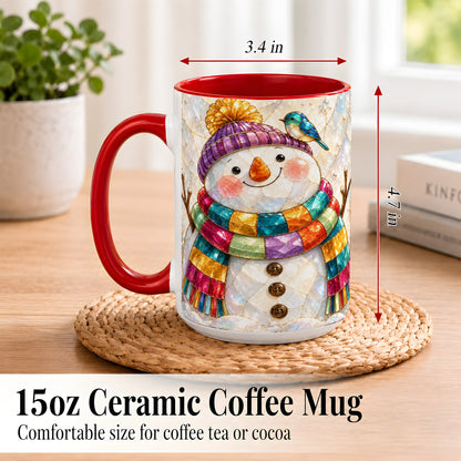 #pl[15oz|Red] Rainbow Snowman Coffee Mug, Winter Bird Mug, Ceramic Cup