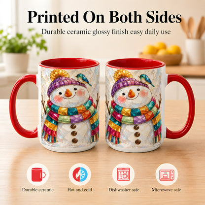 #pl[15oz|Red] Rainbow Snowman Coffee Mug, Winter Bird Mug, Ceramic Cup
