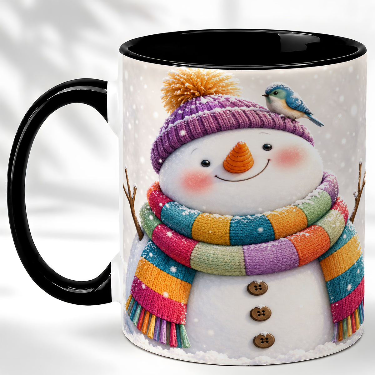 #pl[11oz|Black] Cozy Snowman Coffee Mug, Blue Bird Winter Mug, Ceramic Cup