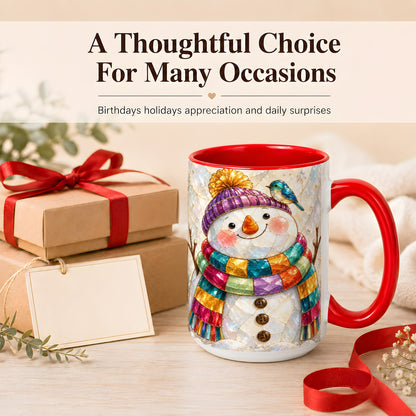#pl[15oz|Red] Rainbow Snowman Coffee Mug, Winter Bird Mug, Ceramic Cup